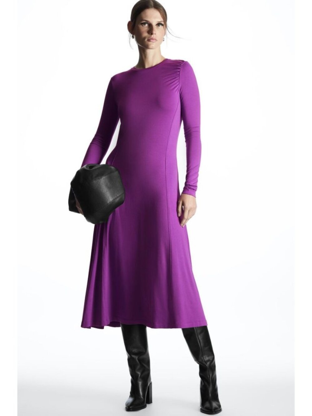 COS Long-Sleeved Gathered Purple Midi Dress, Size Large
